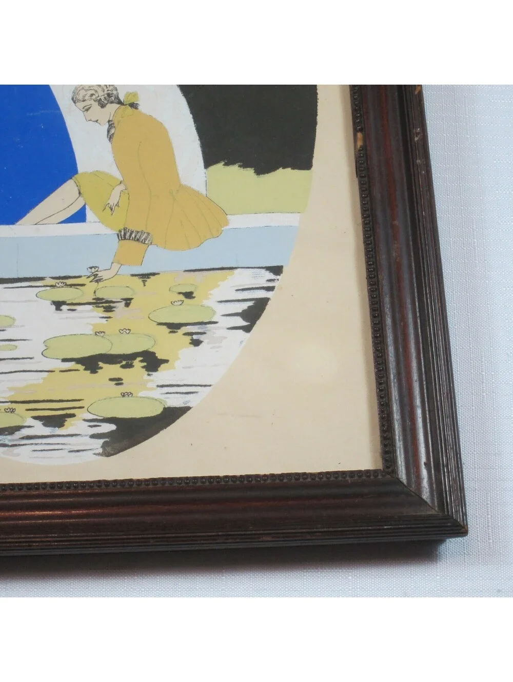 French Woodblock Art Print 1780s Fashion Lady Blue Dress Man Yellow Framed Glass